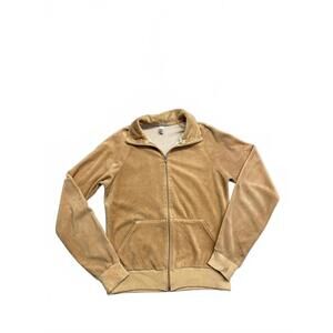 Vintage American Apparal Men's Tan Velour Zip-Up Jacket With Pockets Size Small